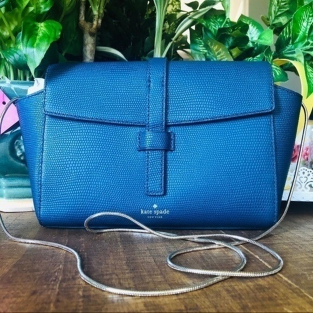 Kate Spade Blue Lizard Embossed Leather Crossbody Gold Chain NWT